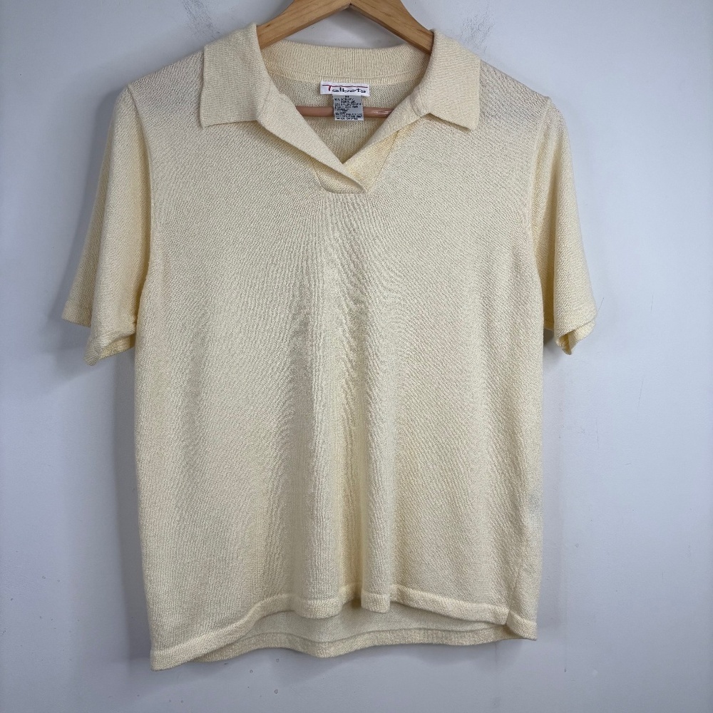 VTG 90s Talbots Short Sleeve Sweater M Polo Butter Yellow Preppy Twee Retro Knit